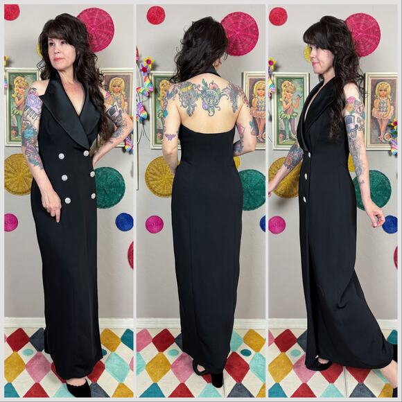 Vintage 1990s Black Sleeveless Double Breasted Blazer Halter Wrap Dress - Picture 3 of 7